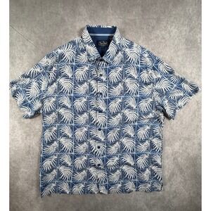 Nat Nast Mens Large Silk Blend Shirt Blue White Fern Geometric Short Sleeve